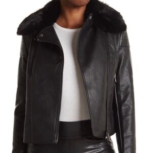 T Tahari Black Leather Jacket with Faux Fur Collar